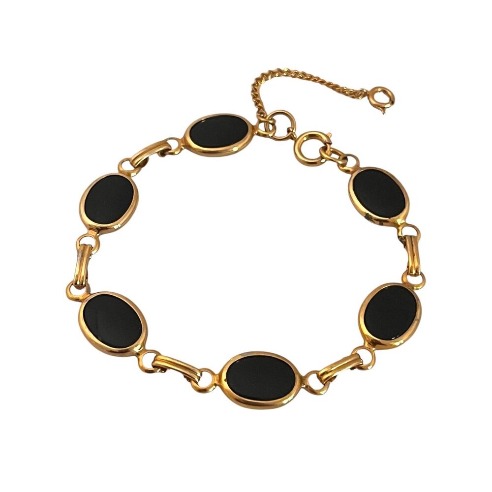 Vintage 1980s Black Cabochon Bracelet Gold Tone Link Safety Chain - 5N